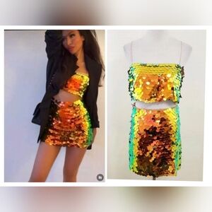 Zara Gold and Green Sequin Mini Skirt